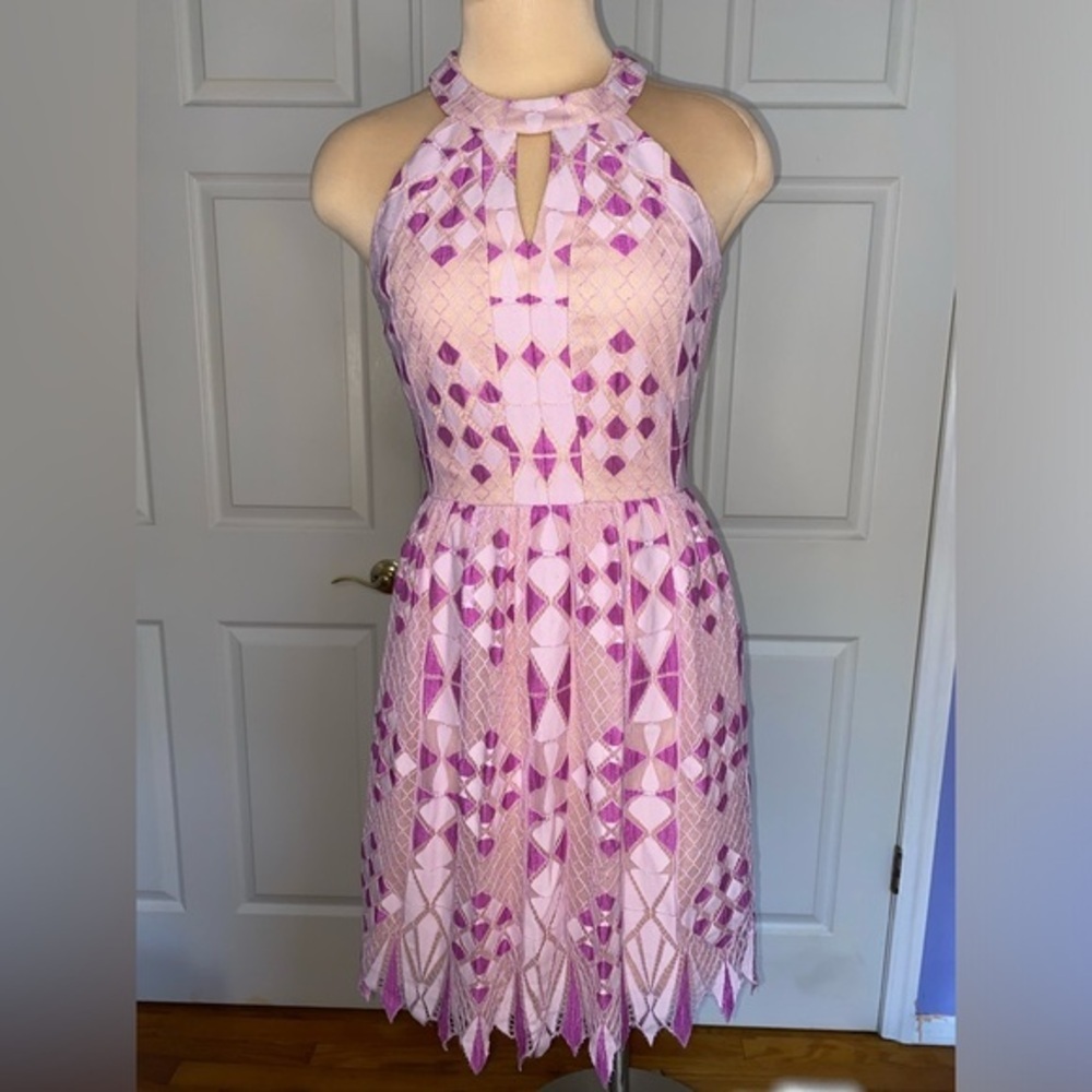 Gianni Bini Pink and Purple Geometric Lace Mini Dress Size 0, Formal